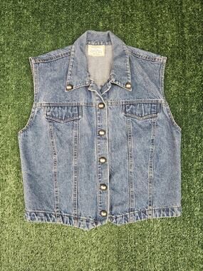 Women’s Vintage Western Studded Embellished Denim Vest Size Med Baseball Buttons